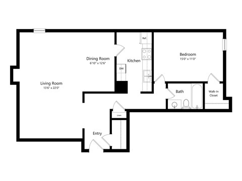 Floor plan for 1 bed, 1 bath, 976 sqft